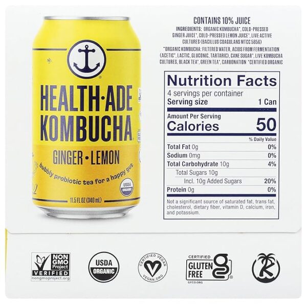 Health-Ade Ginger-Lemon Organic Kombucha, 11.5oz Cans 4-Pack - Image 3